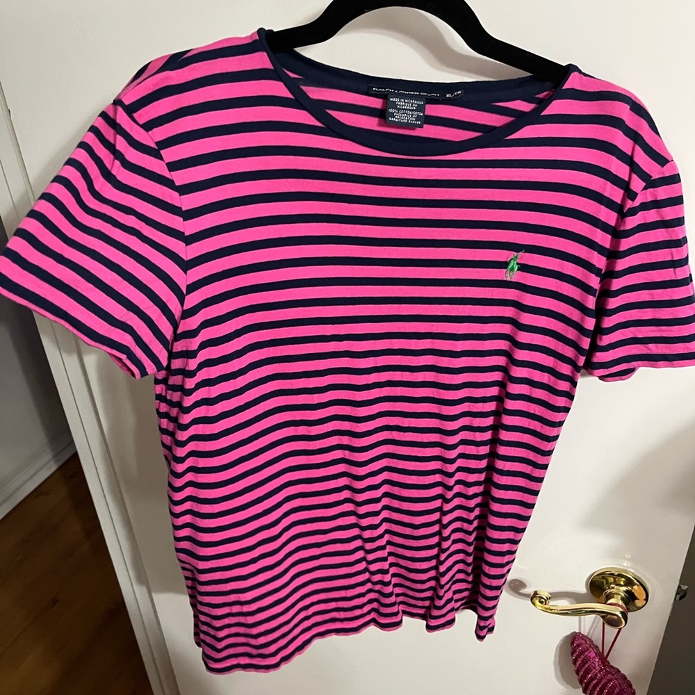 🧡 XL Ralph Lauren Sport Pink and Navy Striped Tee